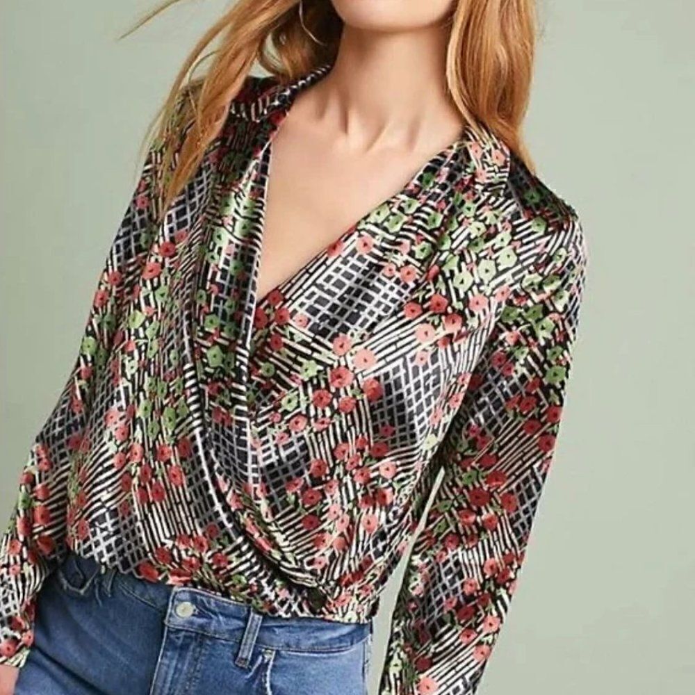 Anthropologie Abstract Floral Velvet Wrap Blazer Size 0
